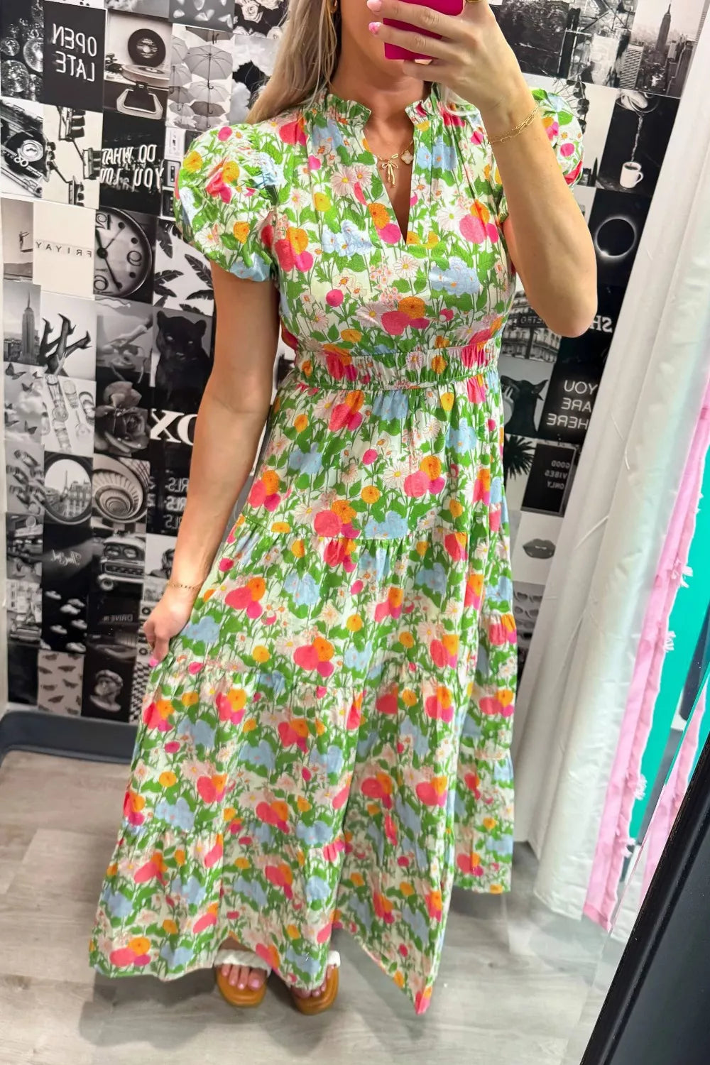 Floral Print V-Neck Puff Sleeve Cotton Maxi Dress in Lime