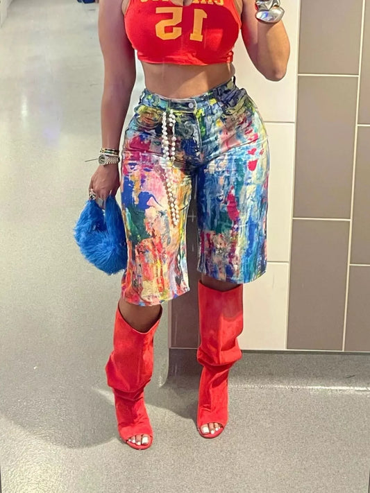 Artistic Splash Print Shorts in Multicolor
