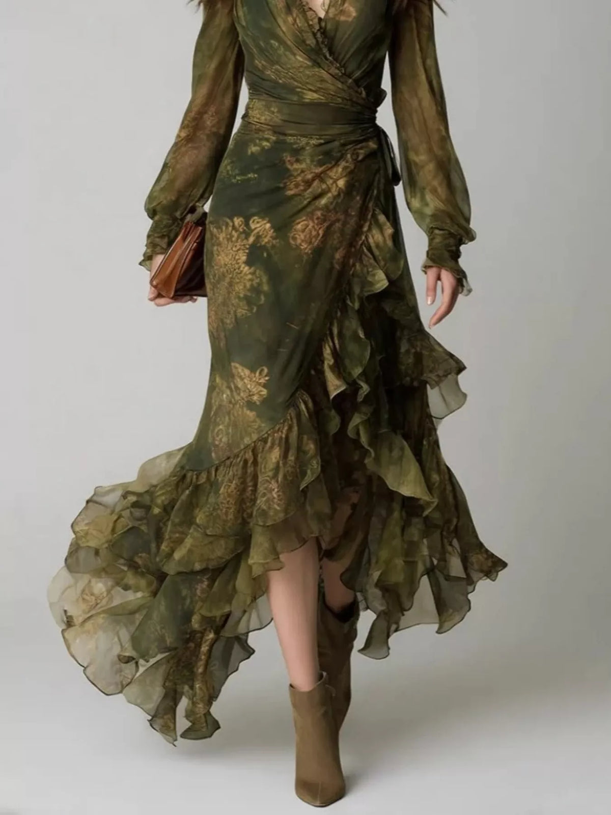 Floral Print Wrap Maxi Dress in Army Green by Yvette