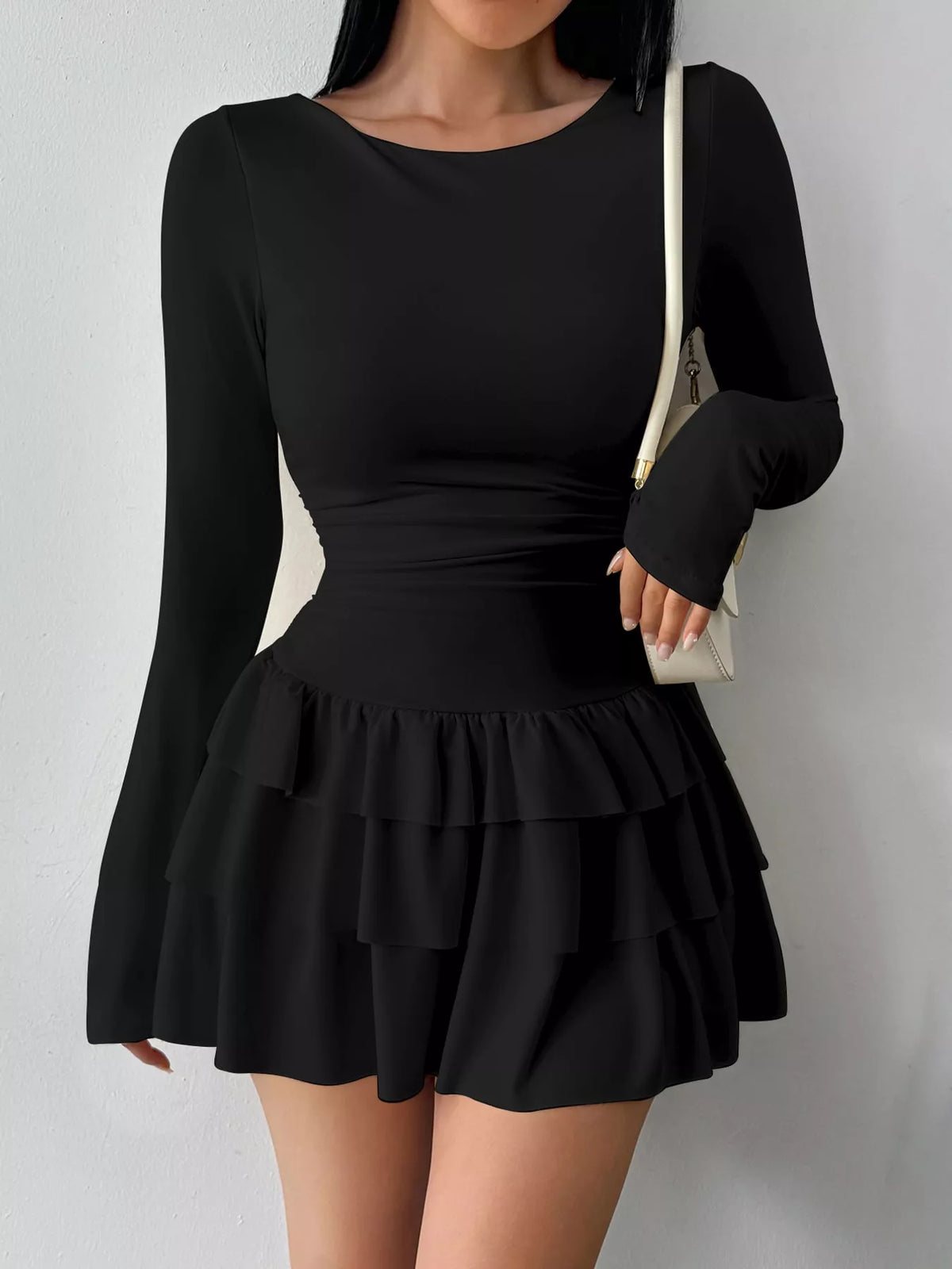 Layered Ruffle Long Sleeve Mini Dress
