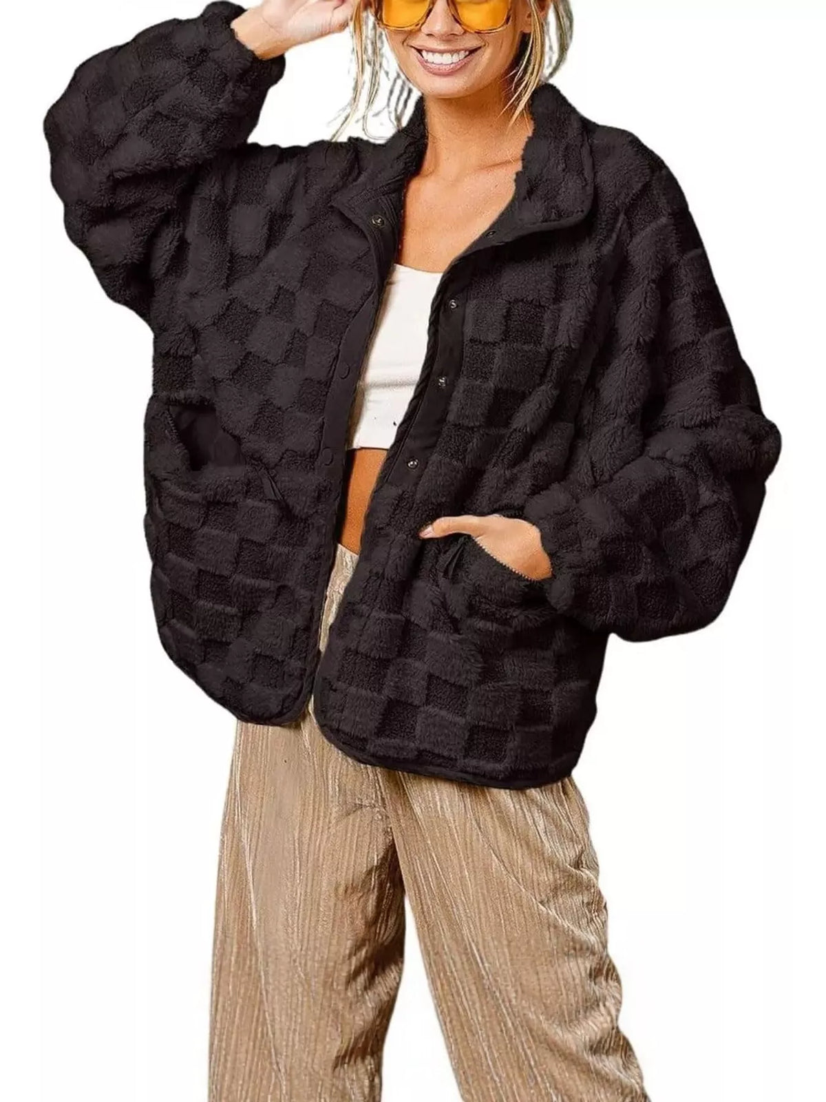 Oversized Checkerboard Faux Fur Teddy Jacket