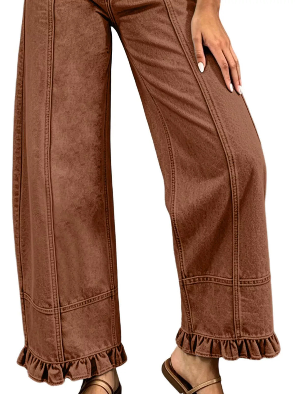 High-Waisted Wide-Leg Ruffled Hem Jeans by Dreamy Drapes