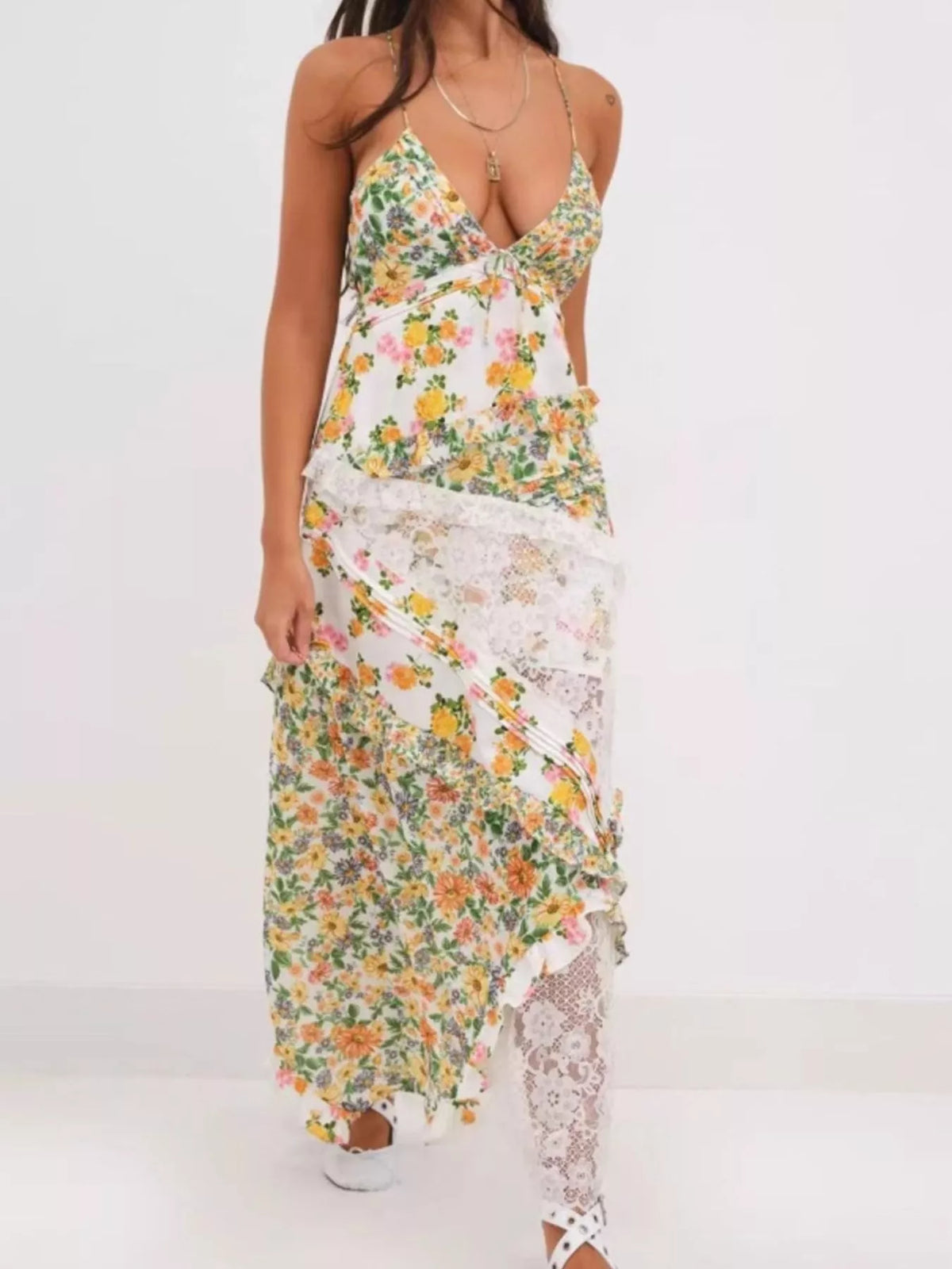 Lace Detail Ruffled V-Neck Maxi Dress