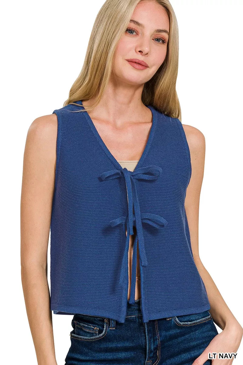 Zenana Tie Front Sweater Vest in Light Navy in Lt navy