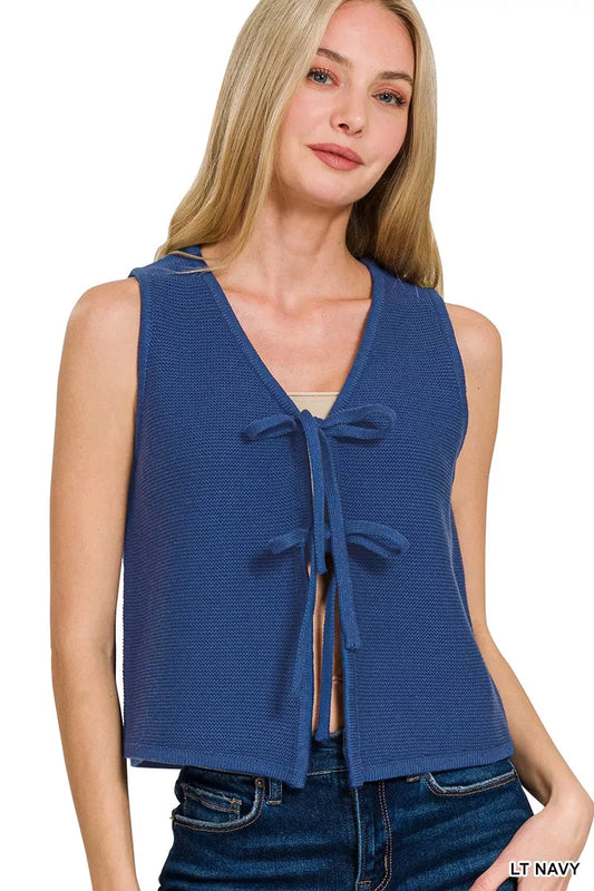 Zenana Tie Front Sweater Vest in Light Navy in Lt navy