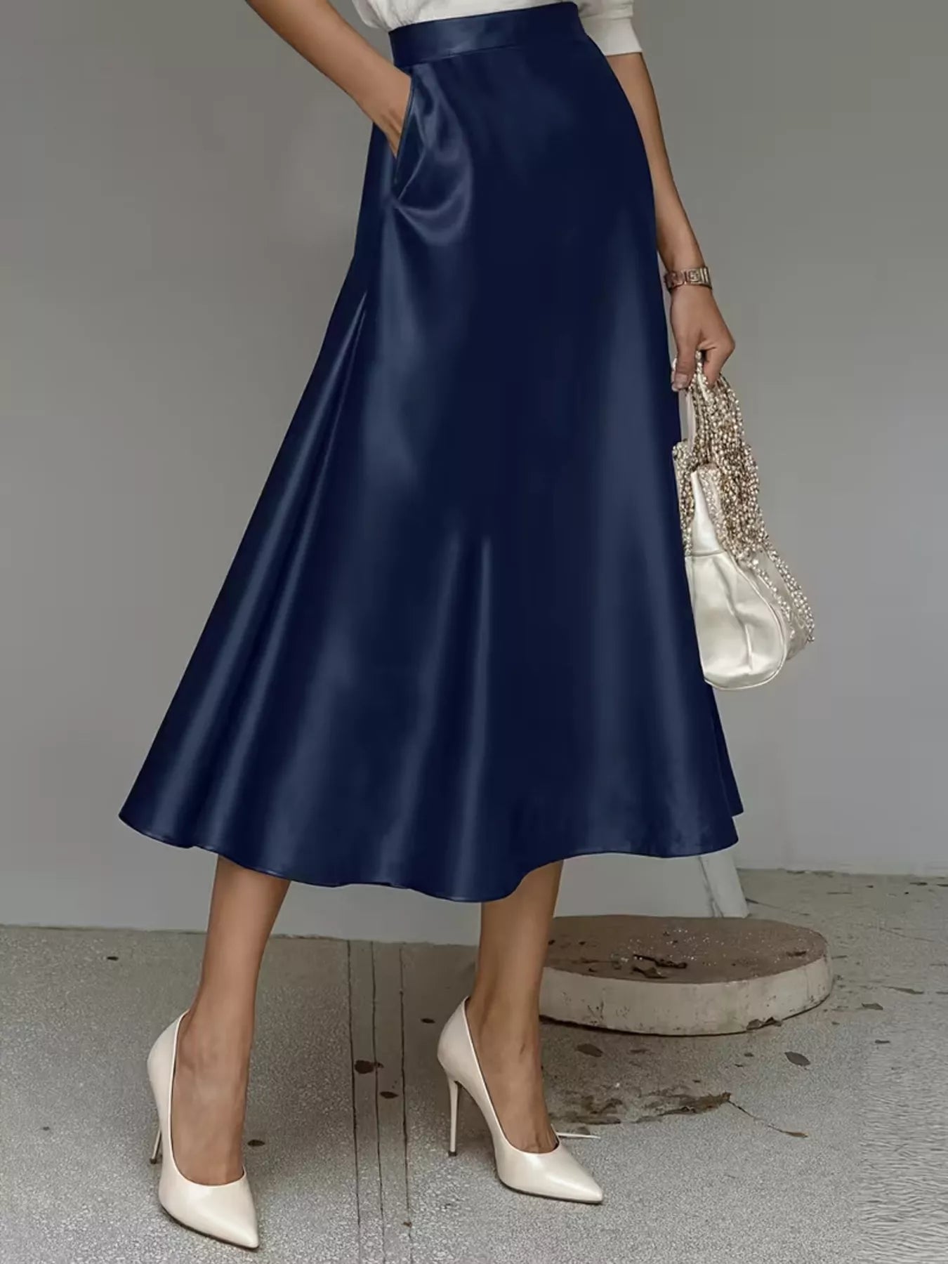Satin Midi Skirt with Pockets