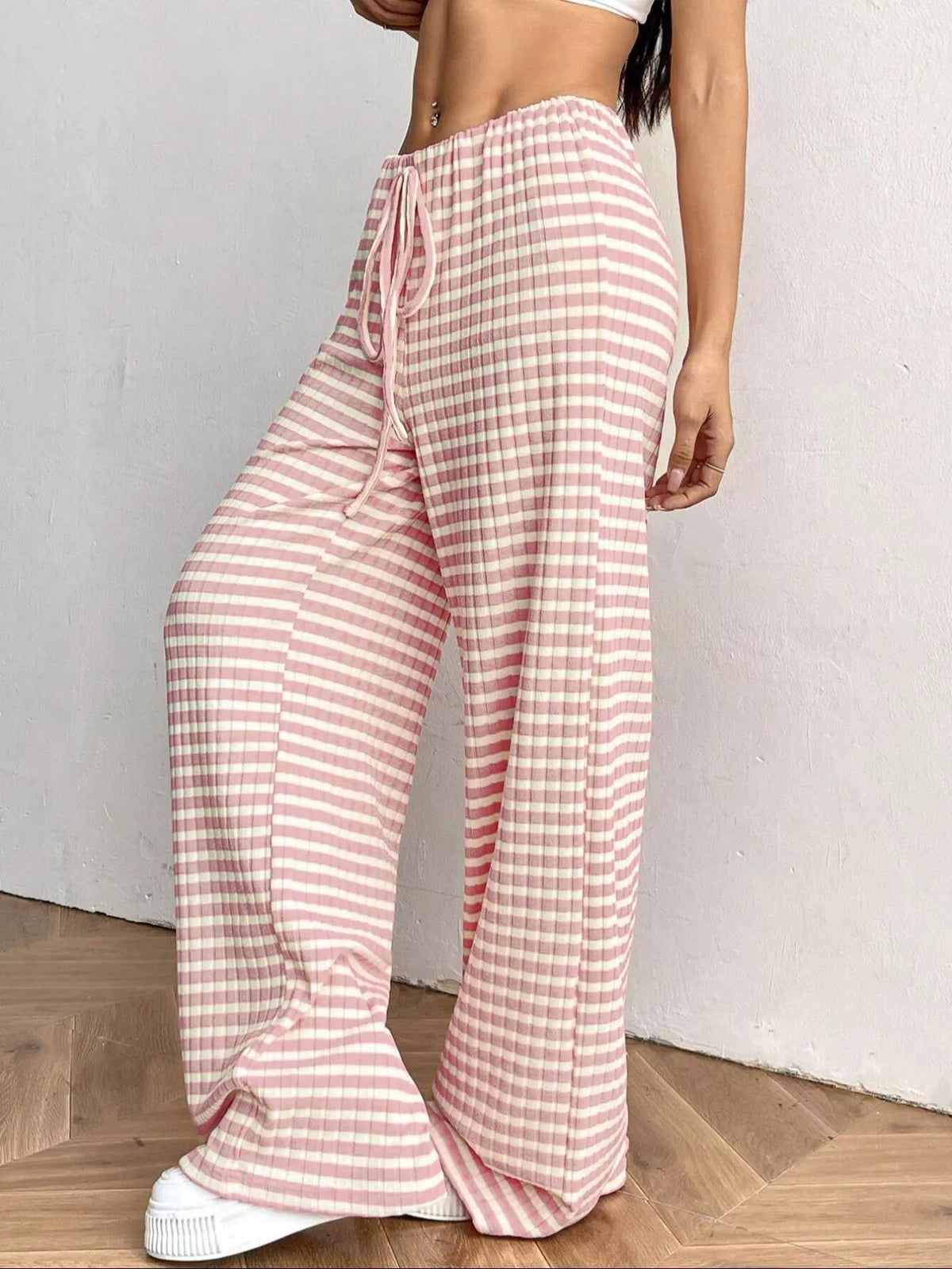 Ribbed Knit Drawstring Wide-Leg Pants
