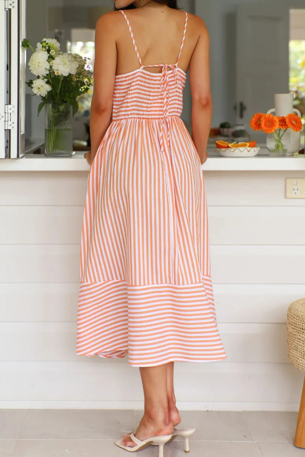 Striped Smocked-Back Midi Dress