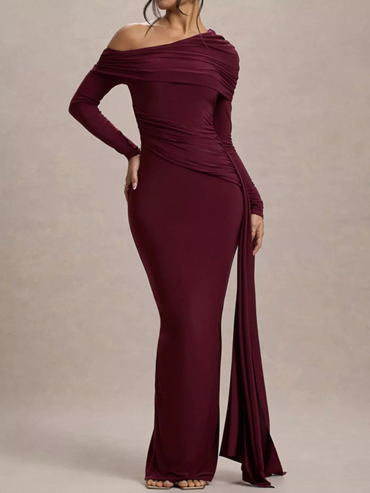 One-Shoulder Ruched Maxi Dress in Wine Red