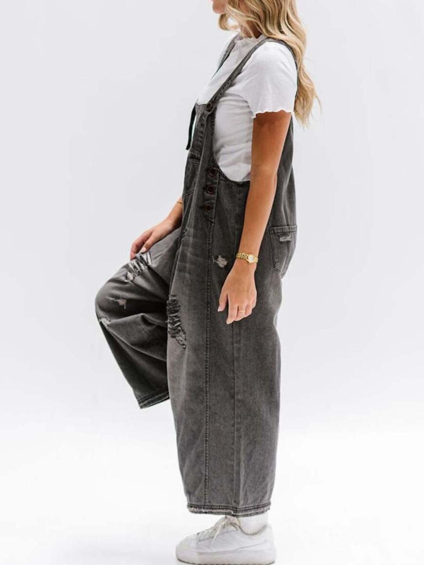 Distressed Wide Leg Denim Overalls by Dreamy Drapes