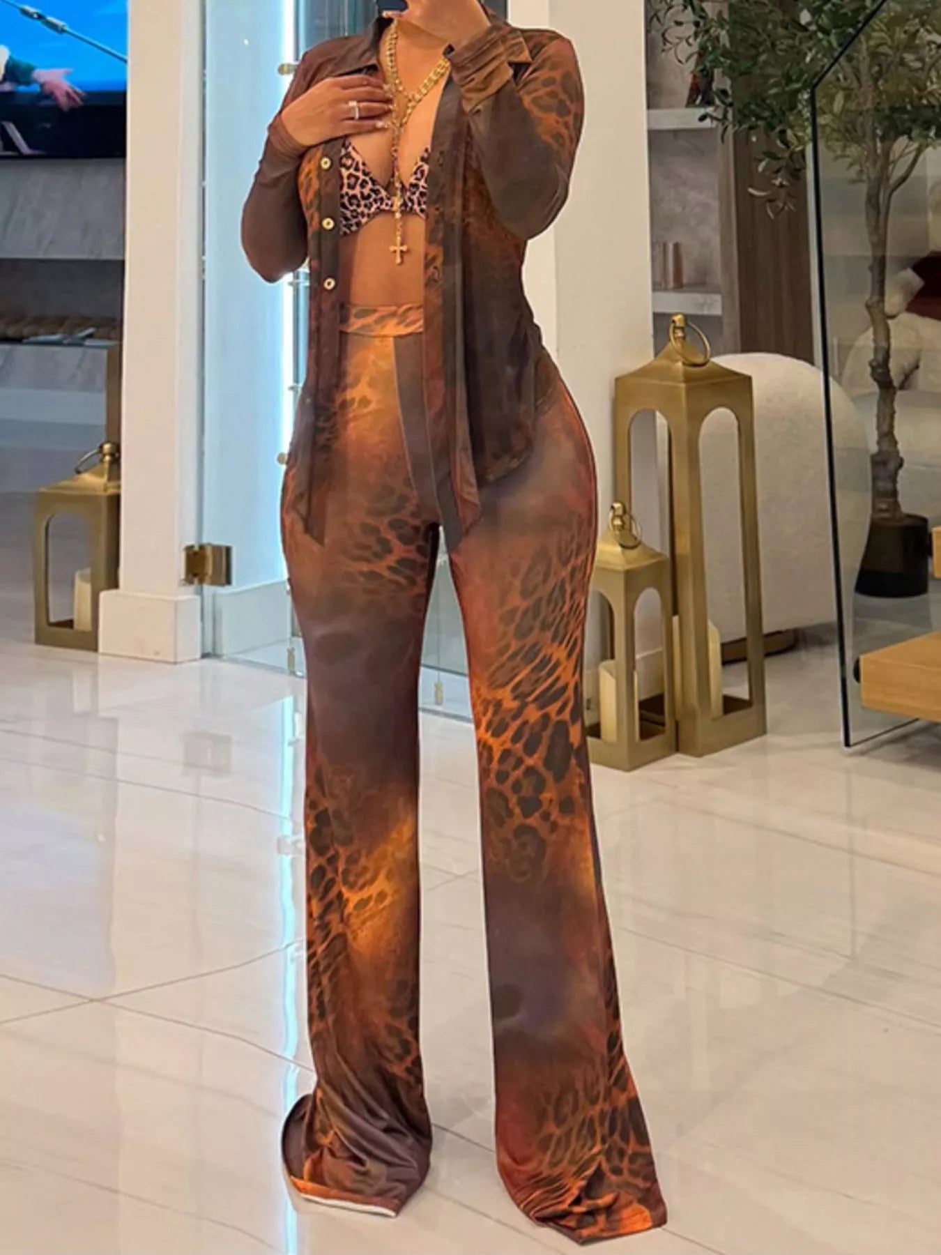 Printed Mesh Shirt and Pants Set