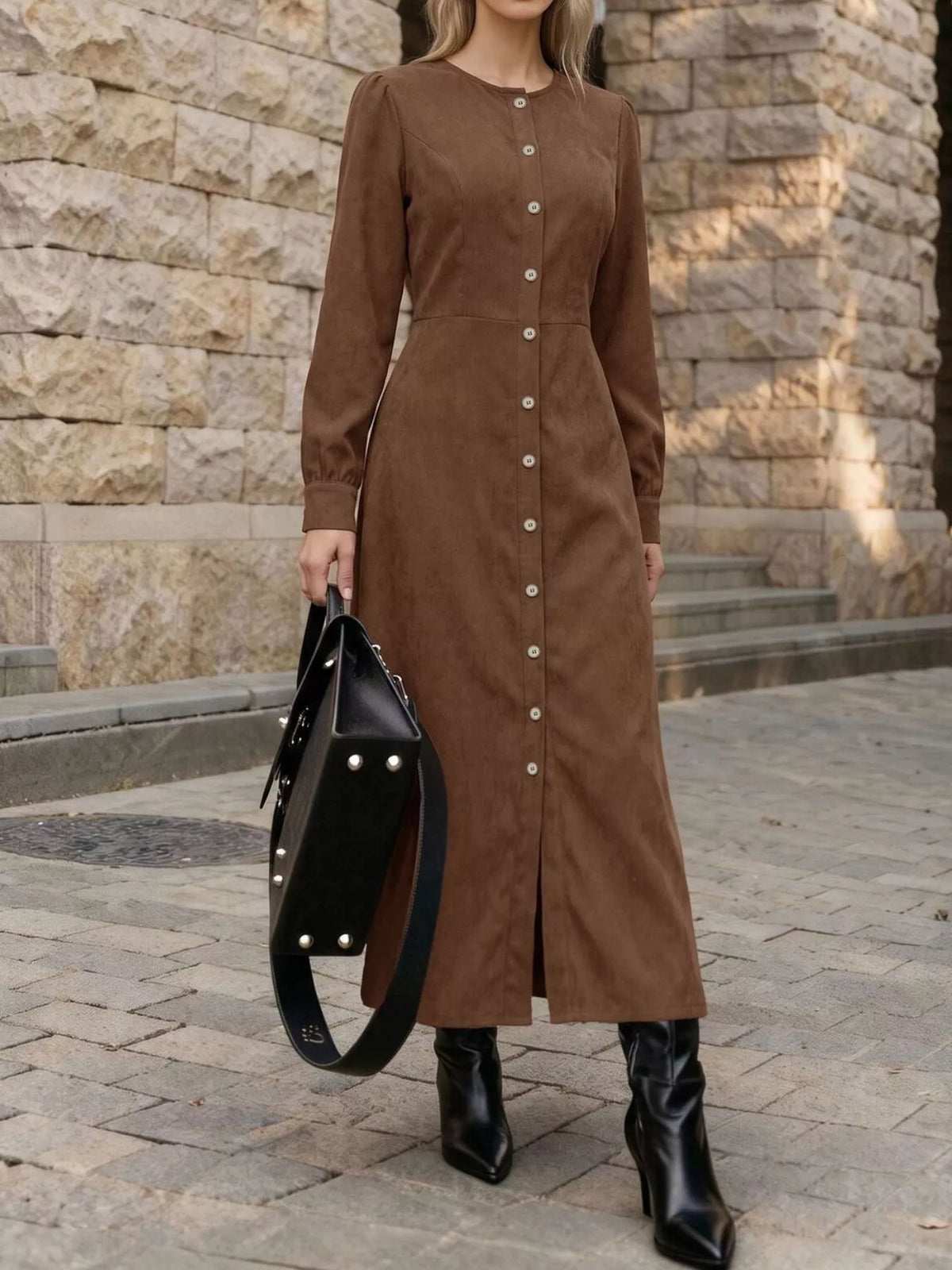 Corduroy Button-Down Maxi Dress in Coffee Brown