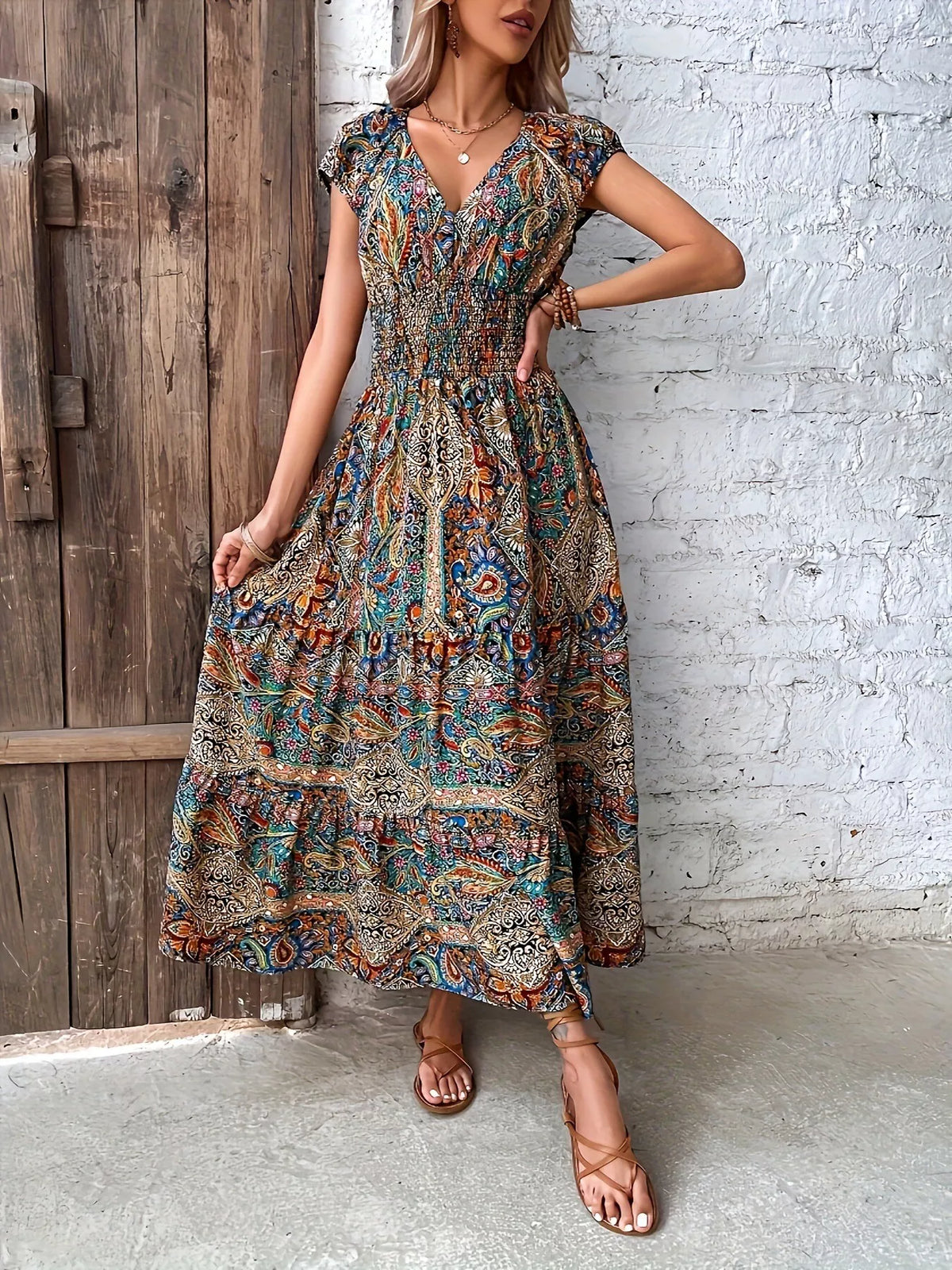 Smocked Cap Sleeve Maxi Dress in Floral