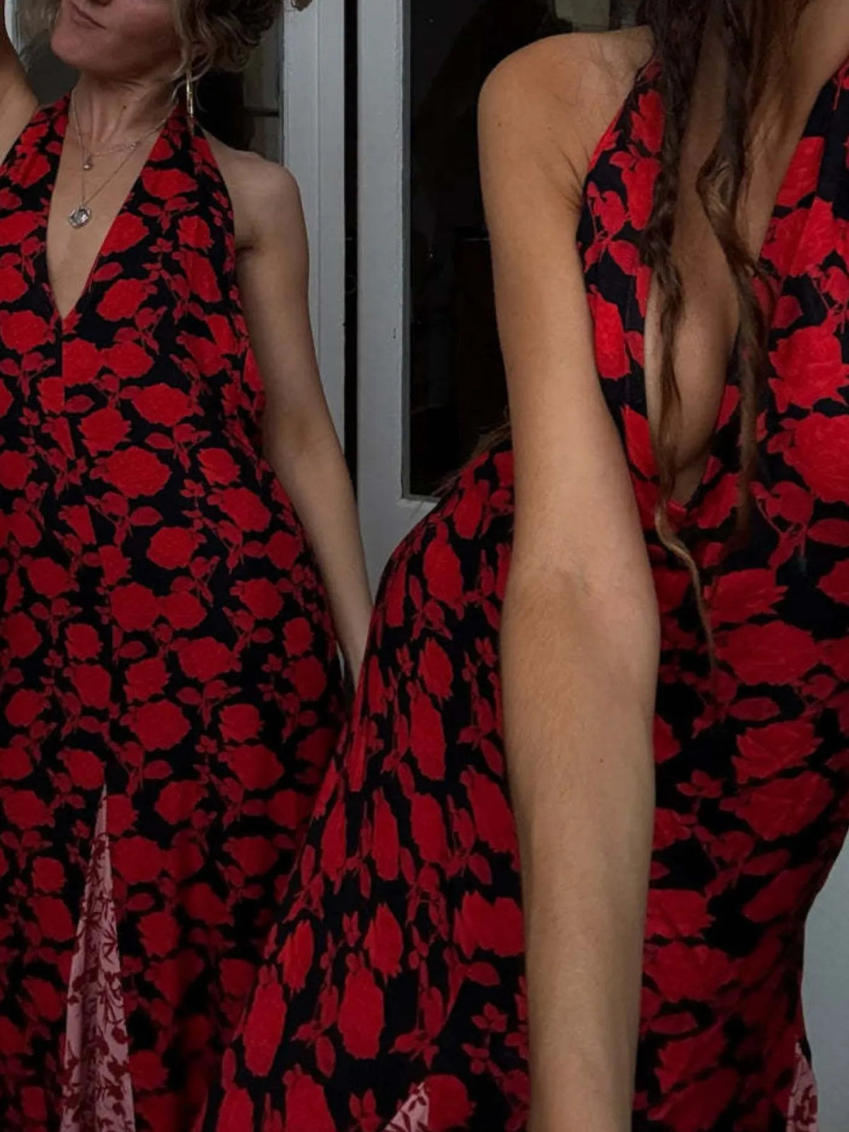Backless Halter Polka Dot Maxi Dress in Deep Red by Mystique Q
