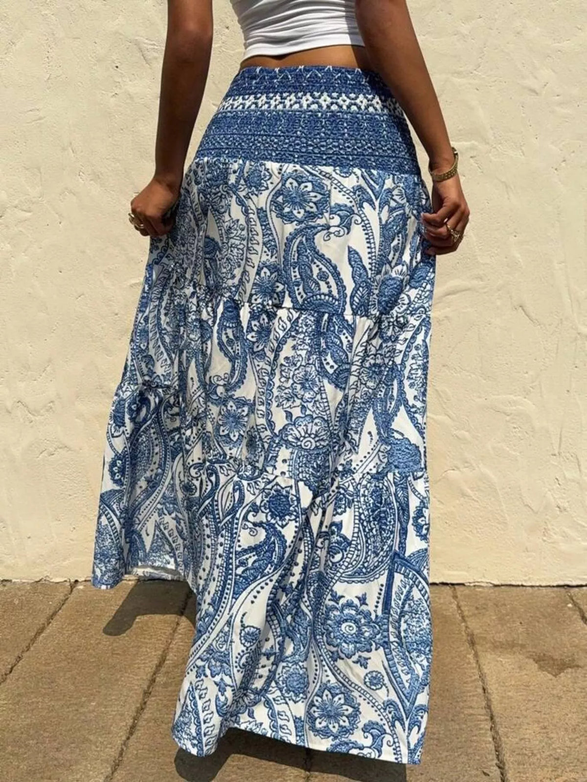 Paisley Print Tiered Maxi Skirt in Blue