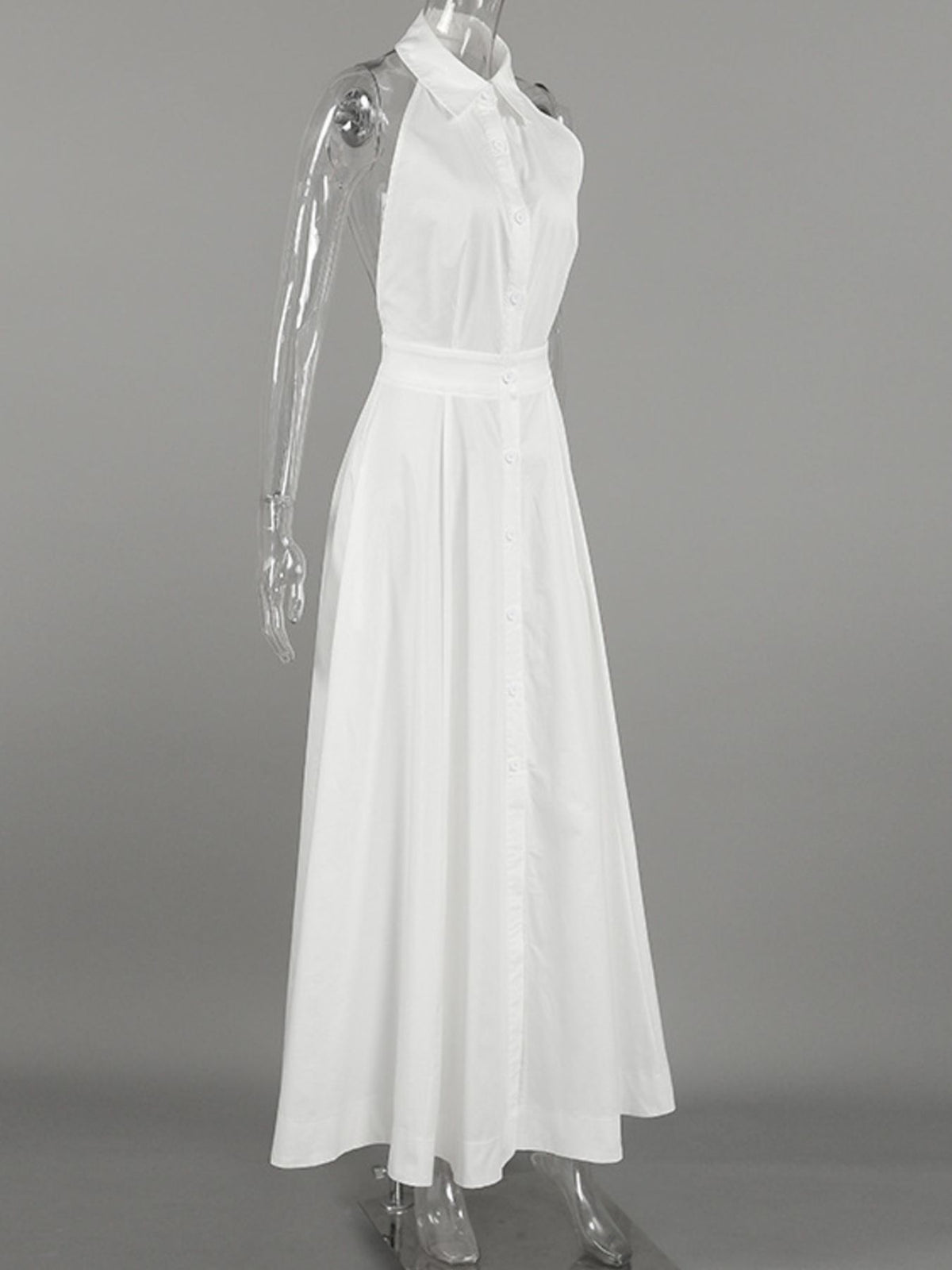 Backless Button Front Maxi Dress in White
