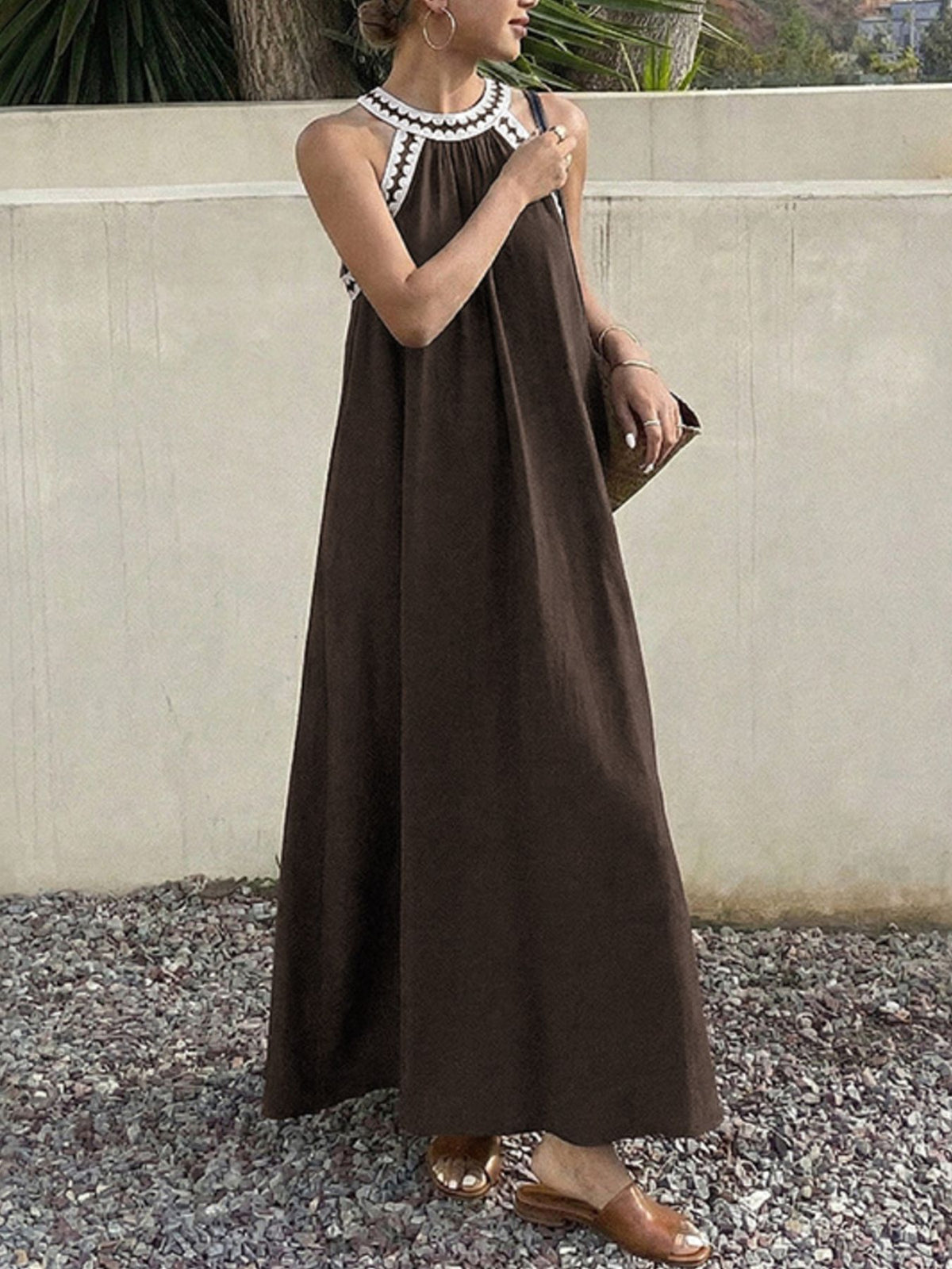 Crochet Trim Sleeveless Maxi Dress in Brown