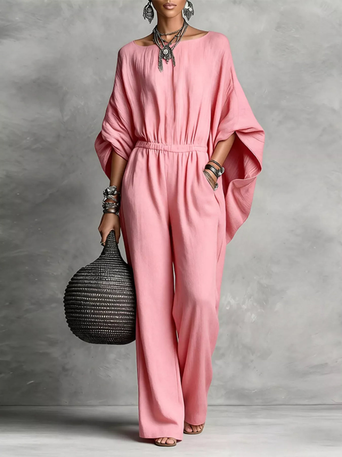 Boat Neck Batwing Sleeve Wide-Leg Jumpsuit