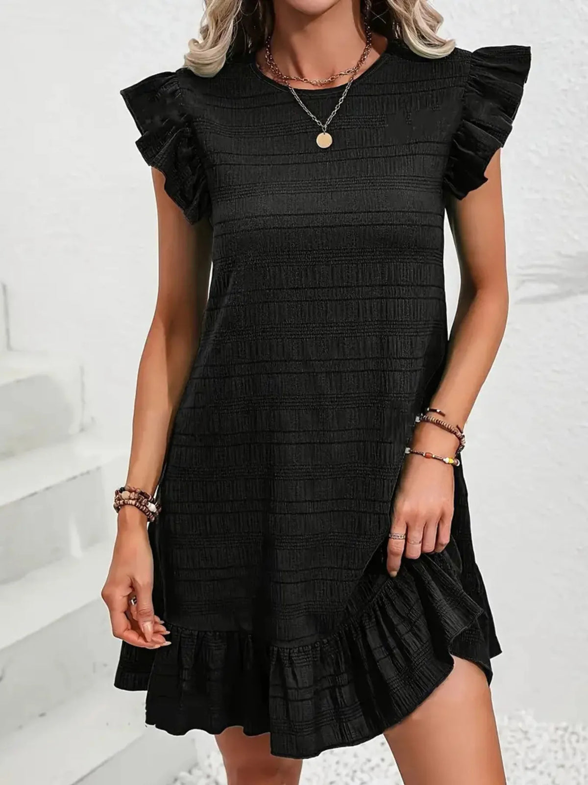 Ruffled Flutter Sleeve Textured Mini Dress