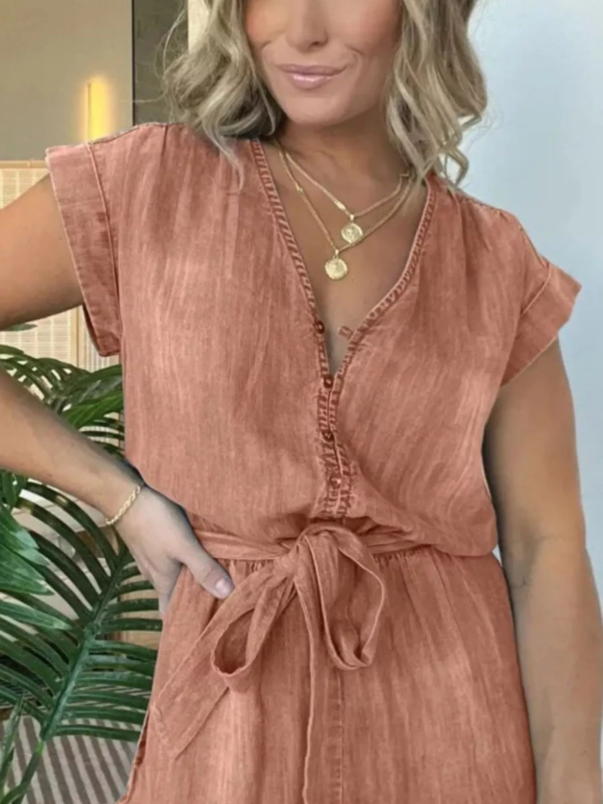 Tie Waist Cap Sleeve Romper