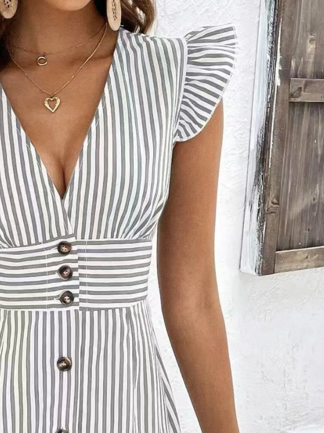 Striped Button-Front Cap Sleeve Dress