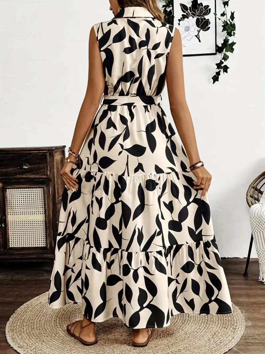 Printed Button-Front Tie-Waist Maxi Dress