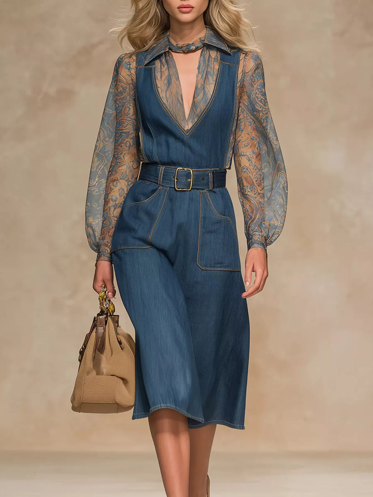 Sheer-Sleeve Denim-Print Dress in Blue