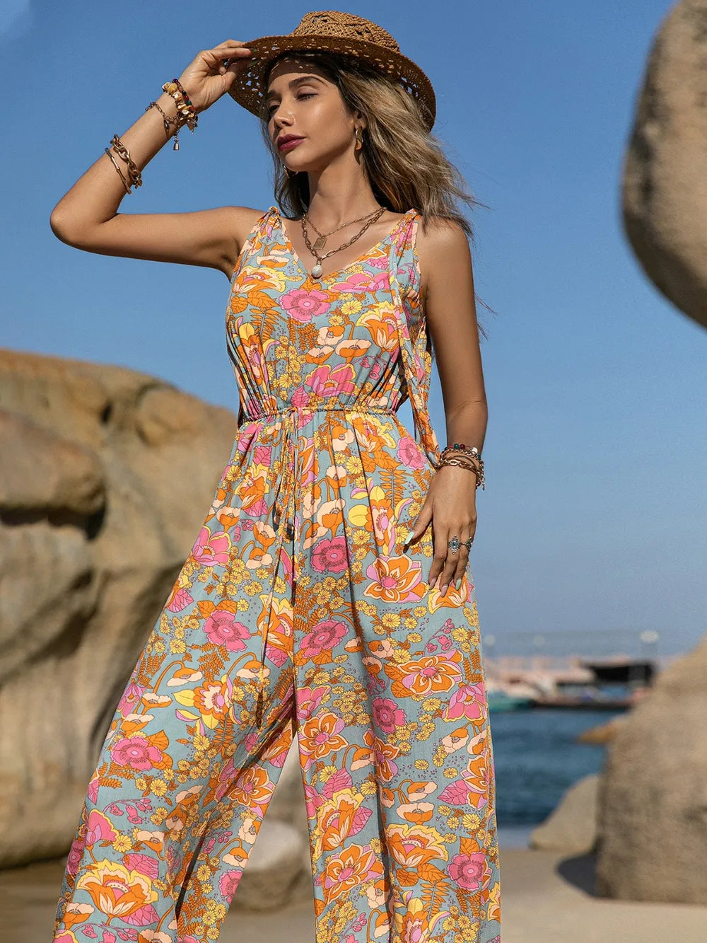 Floral V-Neck Wide Leg Jumpsuit