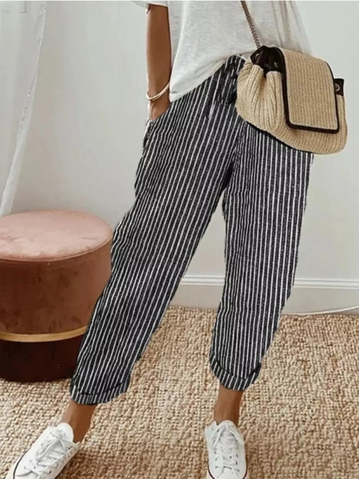 Striped Drawstring Cropped Pants