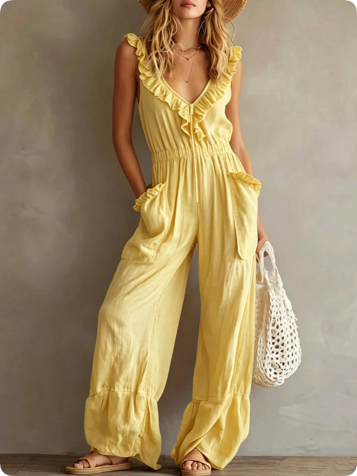 Ruffled V-Neck Jumpsuit with Pockets