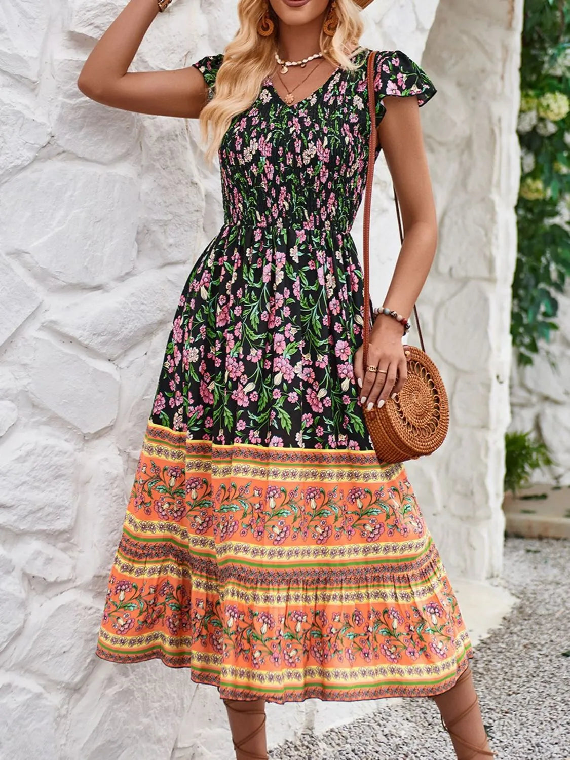 Printed Round Neck Cap Sleeve Dress by Golden Gueen