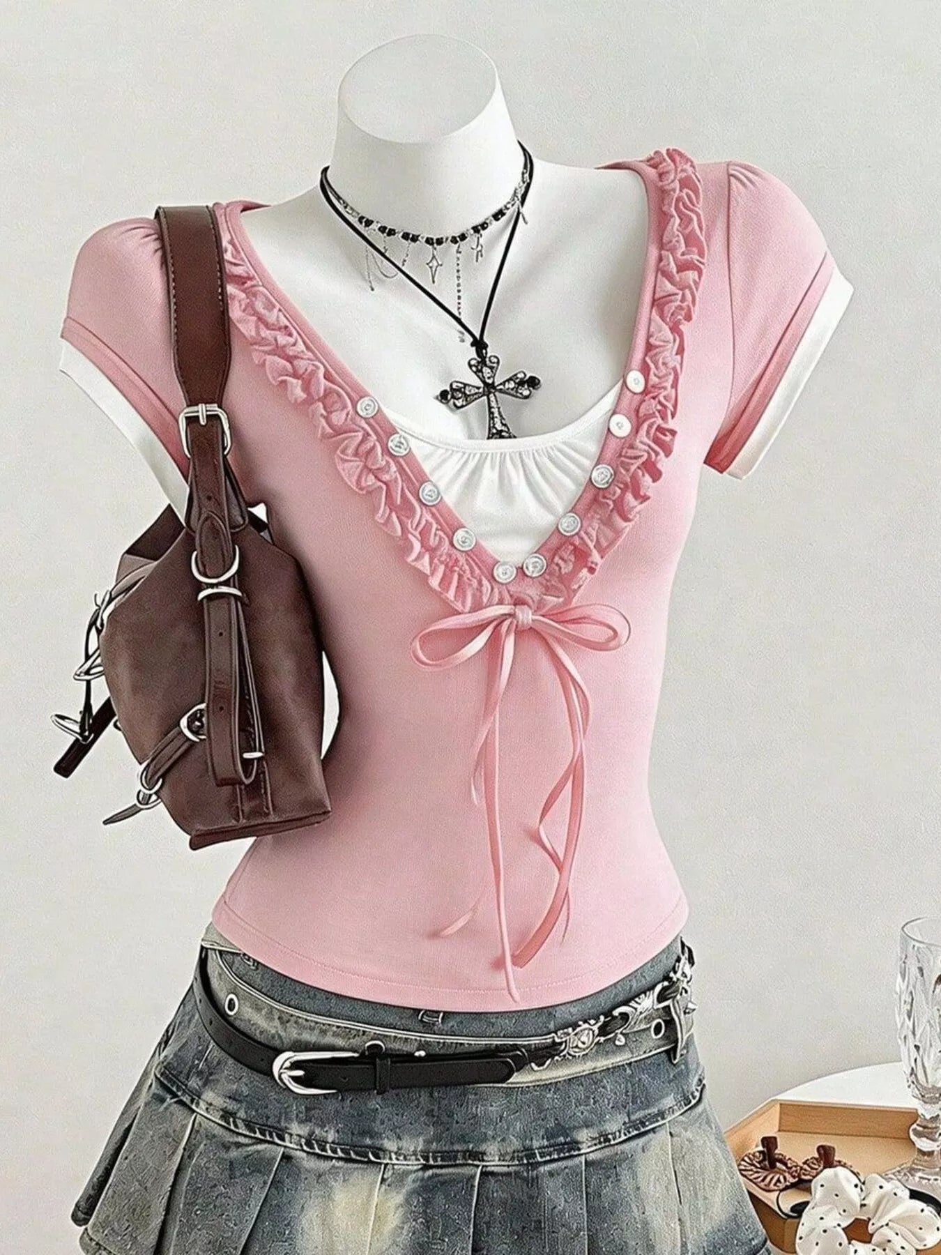 Frill Cap Sleeve Slim Fit Top in Pink
