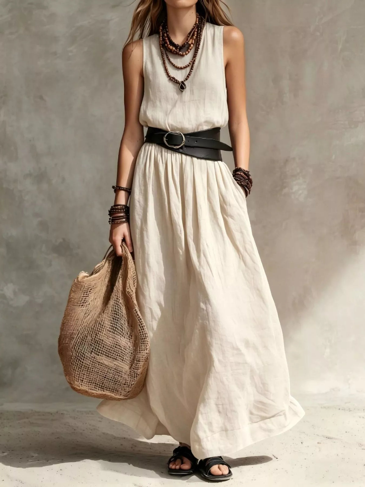 Round Neck Belted Maxi Dress