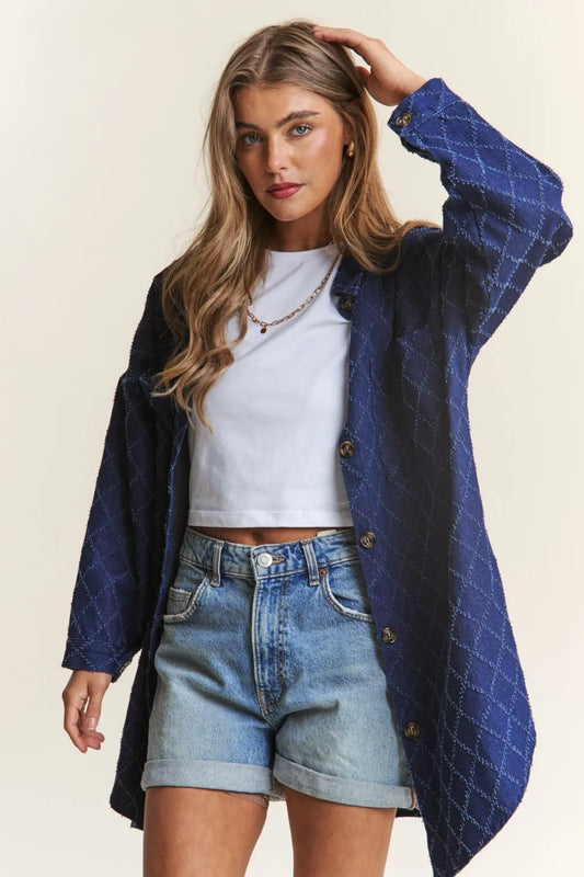 Rhombus Stitched Denim Shacket in Dark Denim by J.NNA