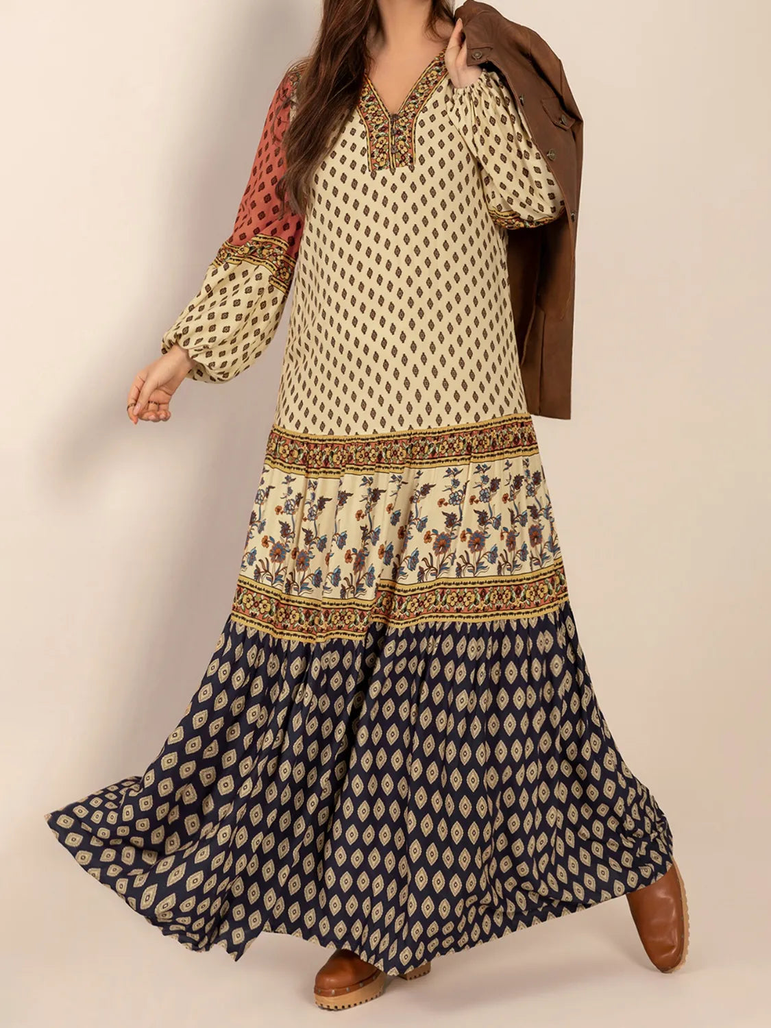 Printed V-Neck Balloon Sleeve Maxi Dress in Khaki