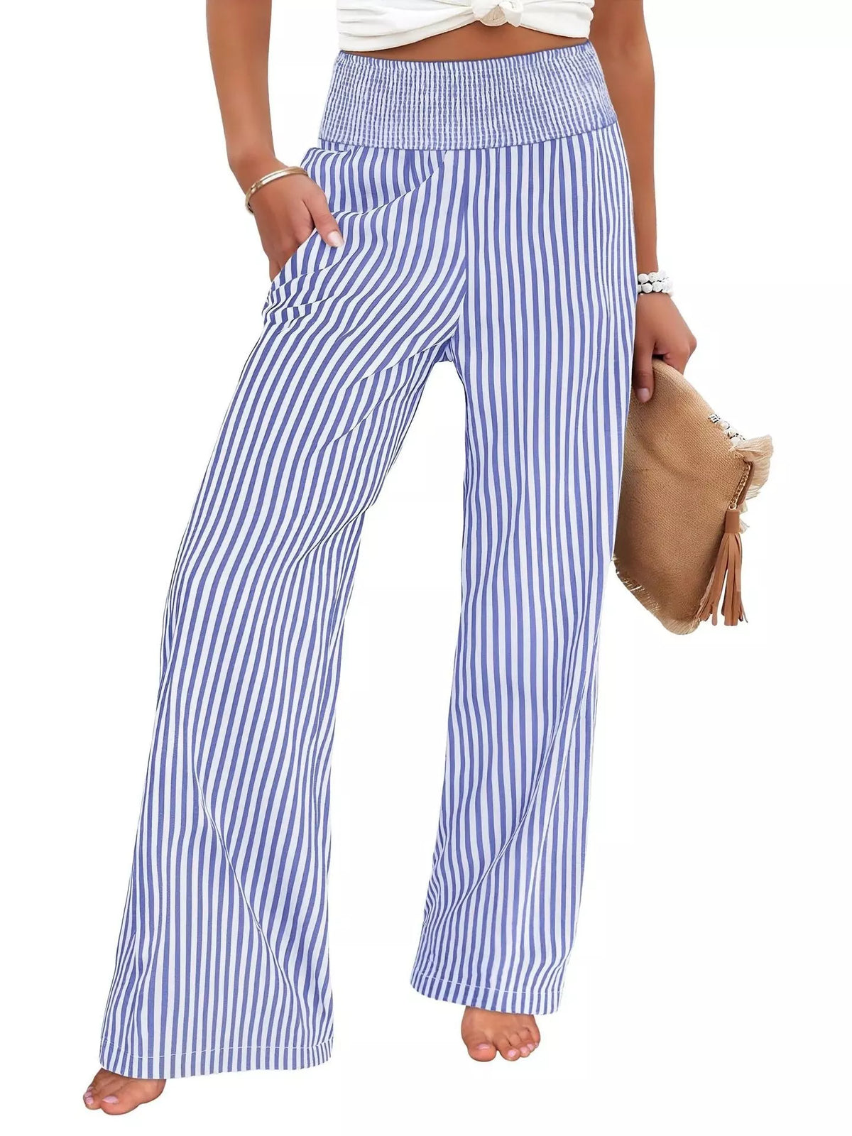 Striped Smocked Wide-Leg Pants