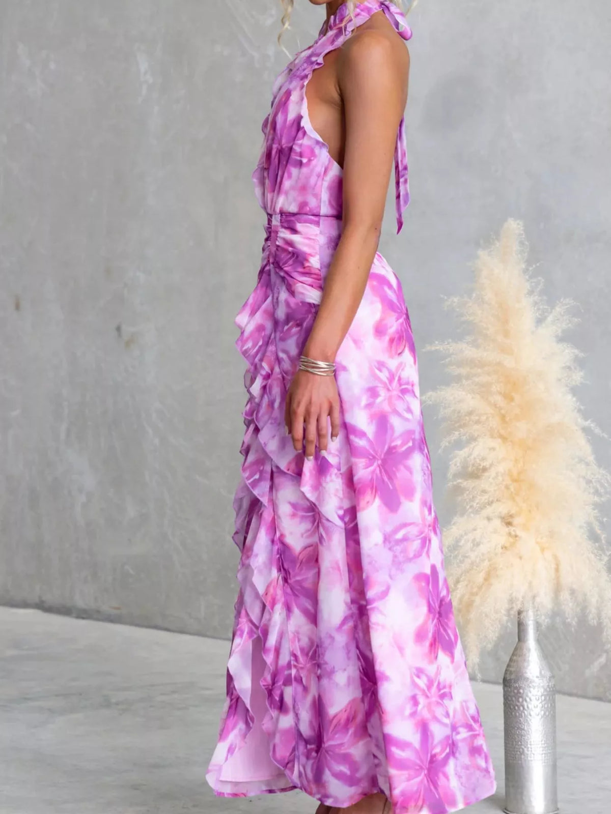 Floral Ruffle Halter Neck Maxi Dress