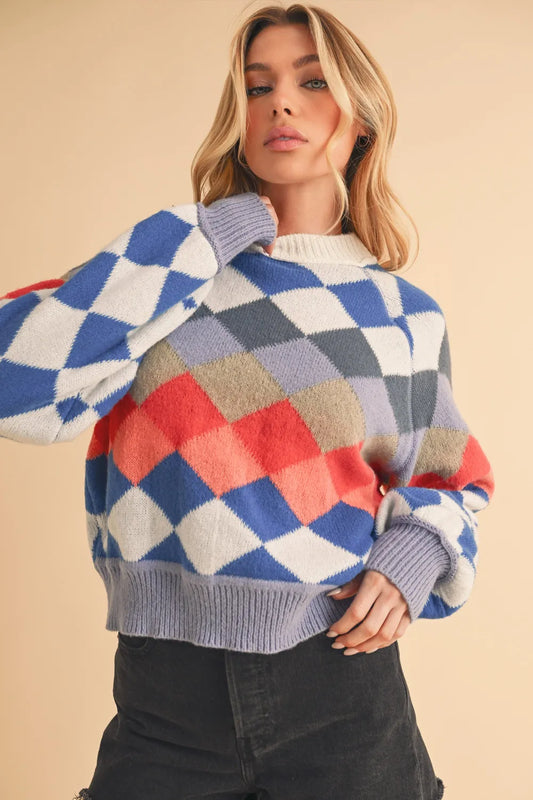 Diamond Mock Neck Raglan Sweater in Blue