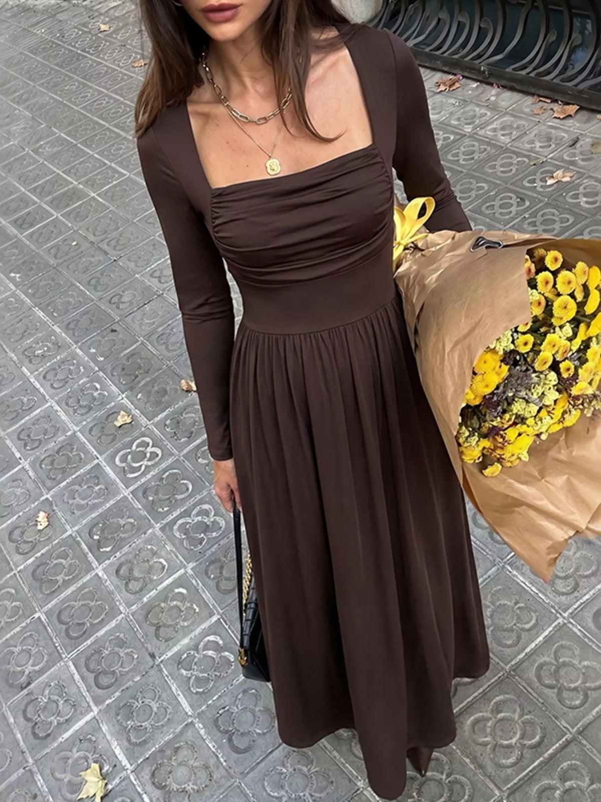 Ruched Square Neck Long Sleeve Maxi Dress in Coffee Brown