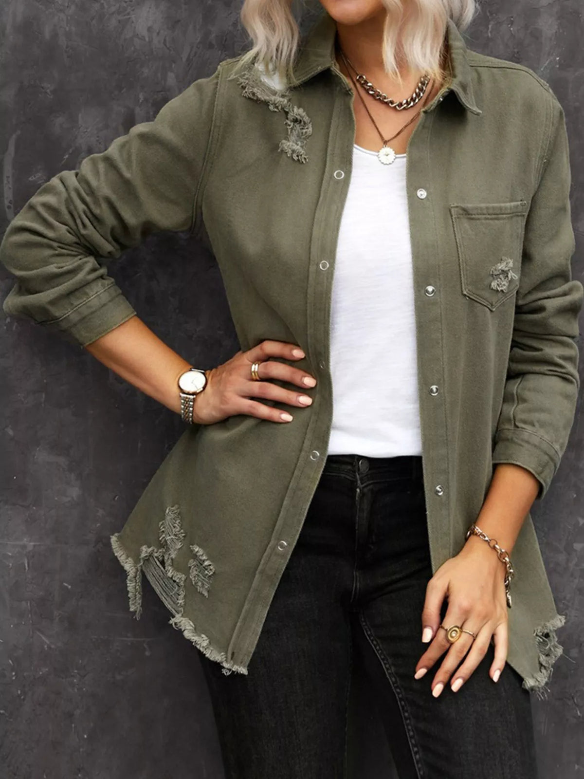 Distressed Raw Hem Denim Shirt Jacket in Army Green
