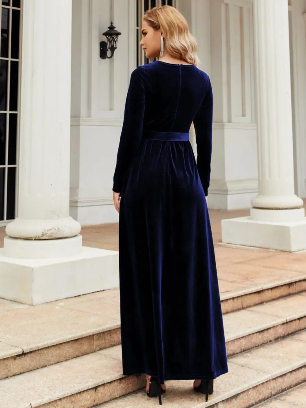 Tie-Front Round-Neck Long-Sleeve Maxi Dress