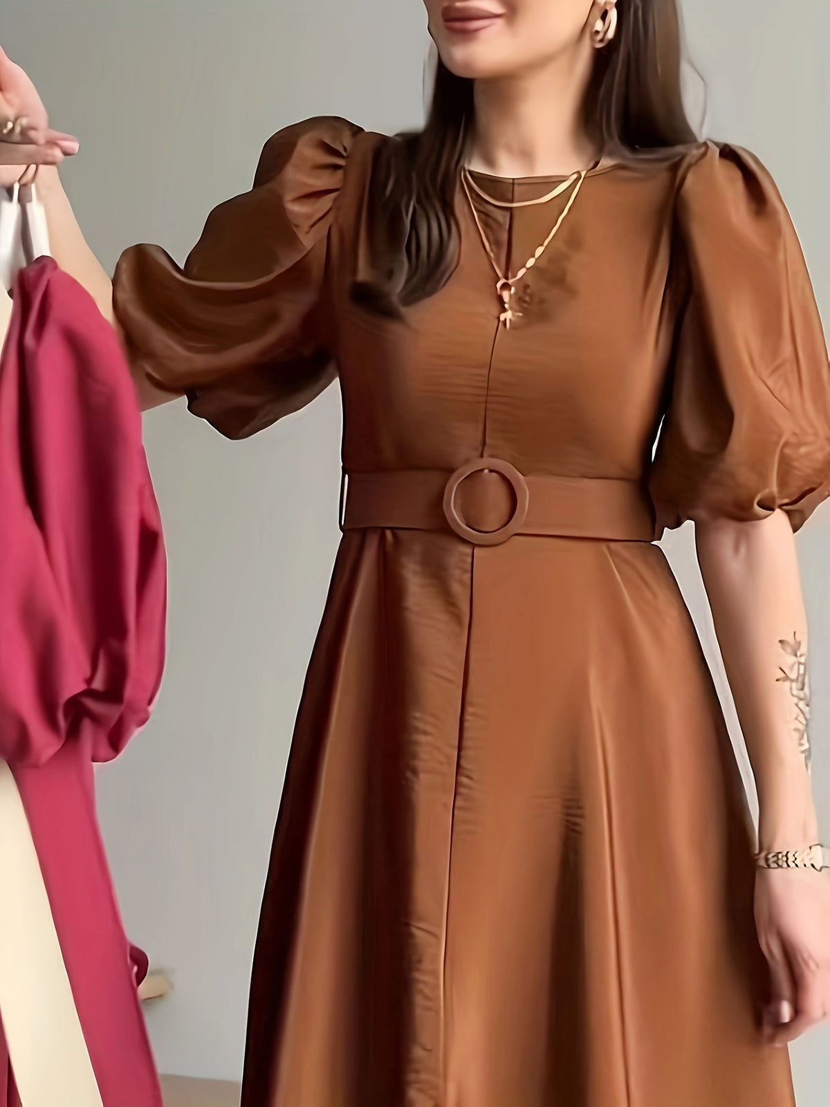 Belted Puff Sleeve Midi Dress in Tan