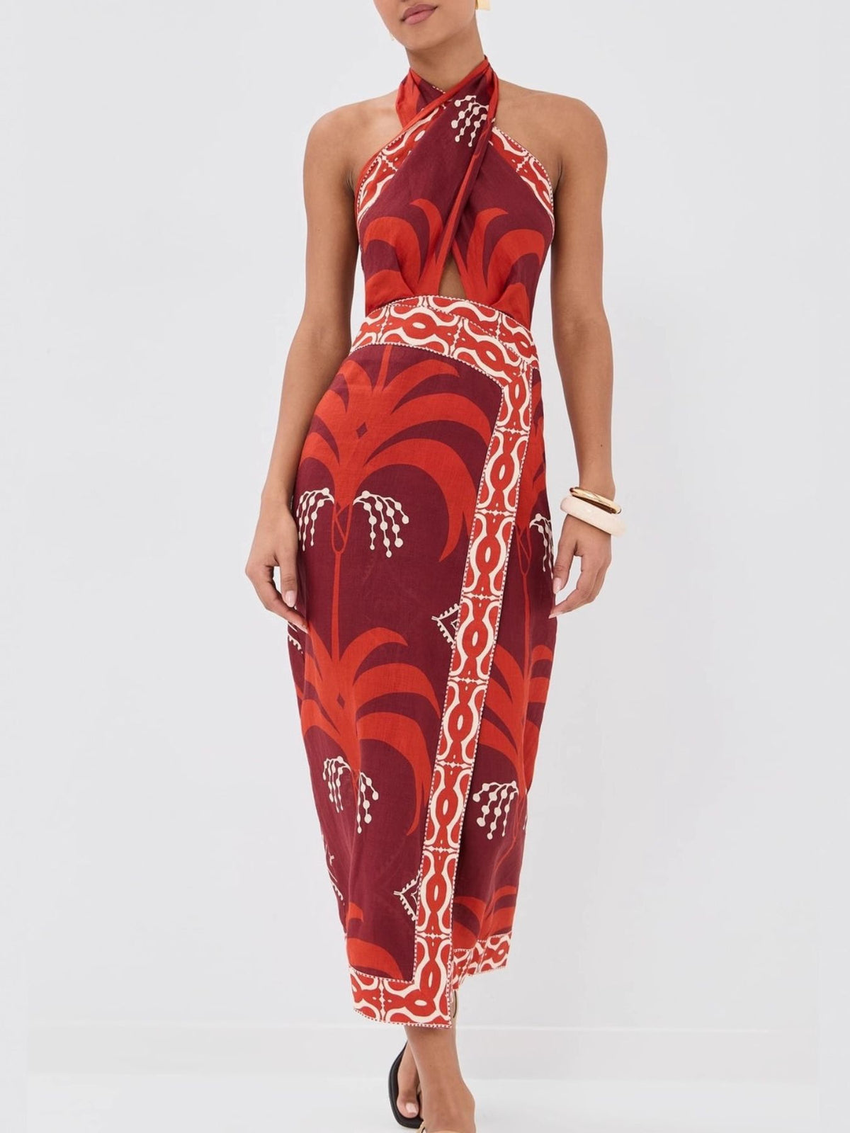 Tropical Print Halter Wrap Dress in Red