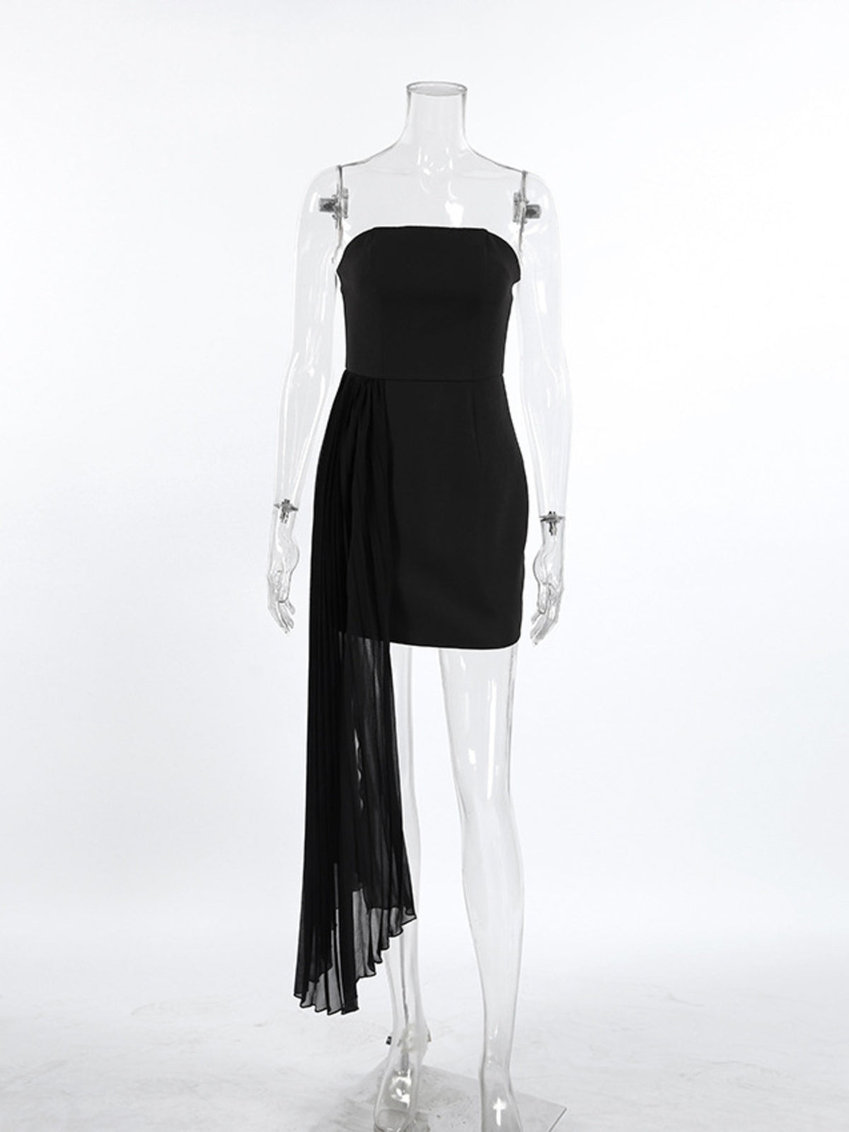 Asymmetrical Pleated Tube Mini Dress in Black