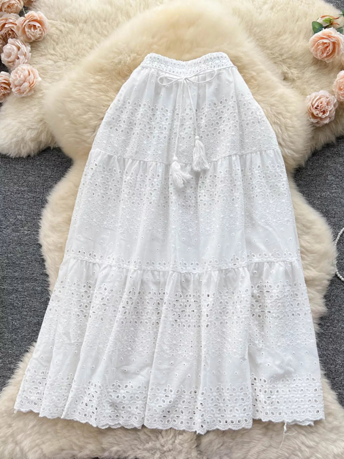 Eyelet Cutout Tiered Maxi Skirt