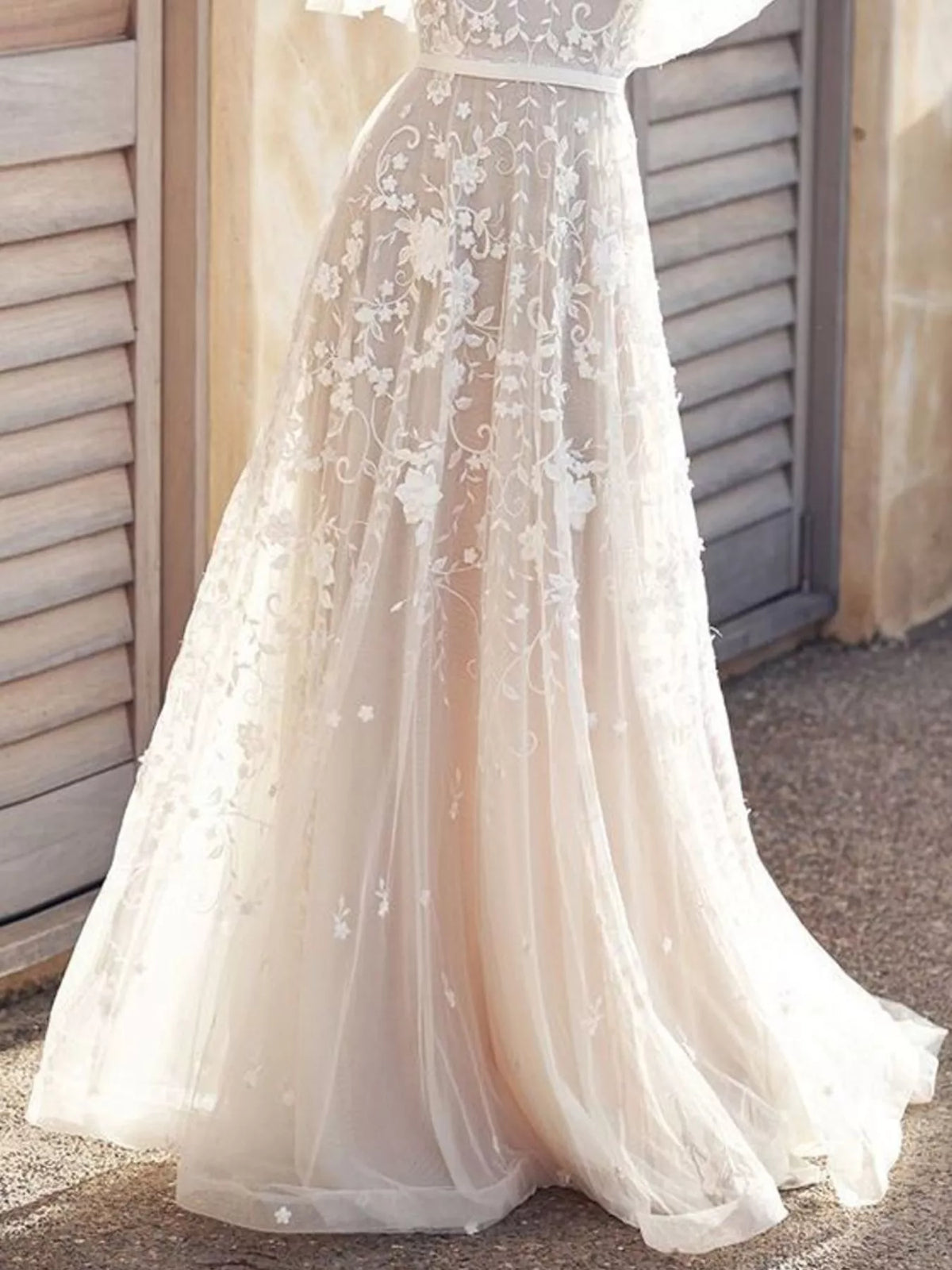 Lace Flutter Sleeve V-Neck Dress in White