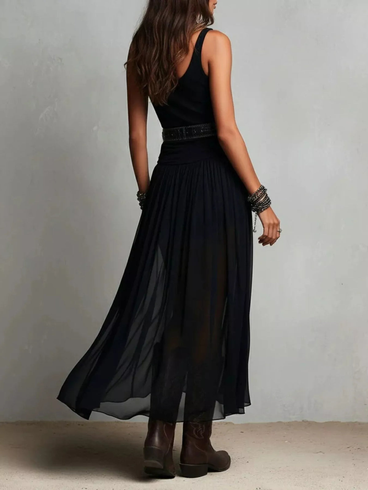 Scoop Neck Sheer Mesh Maxi Dress in Black