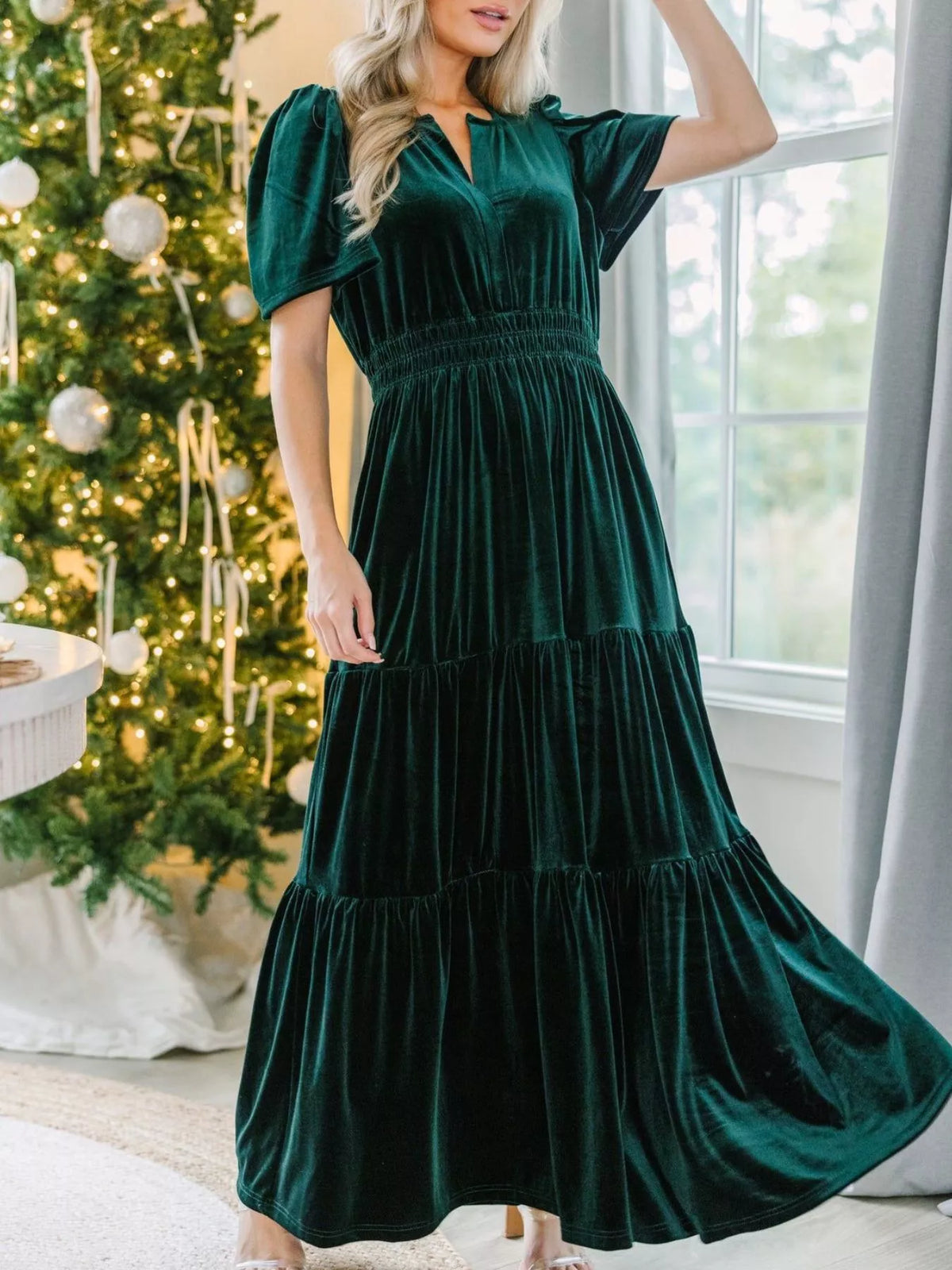 Velvet Tiered Short Sleeve Maxi Dress