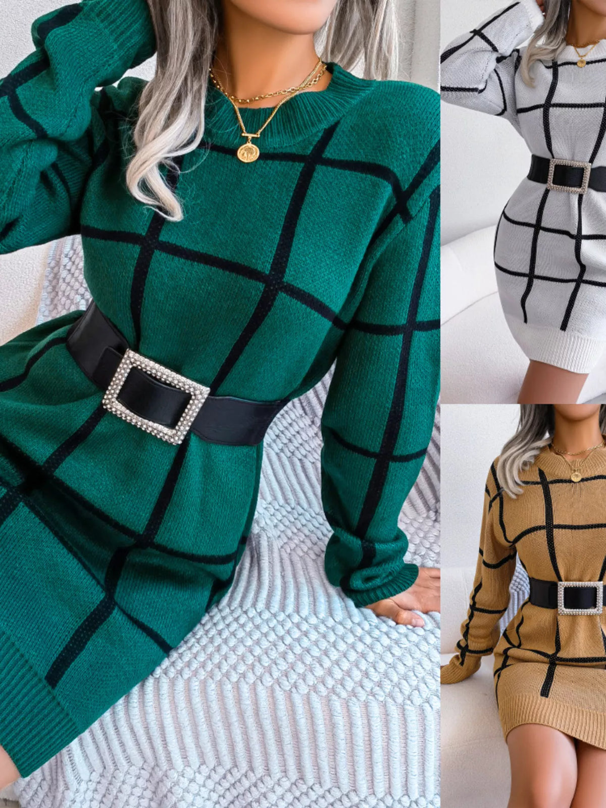 Plaid Long Sleeve Sweater Dress by Clise
