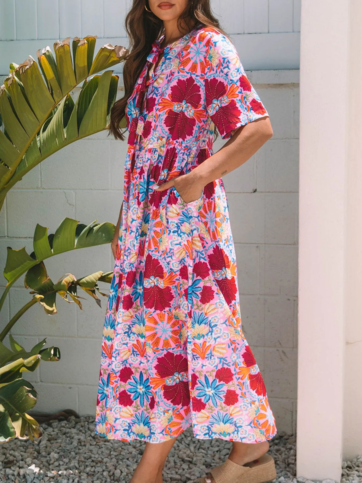 Floral Print Tie-Front Midi Dress